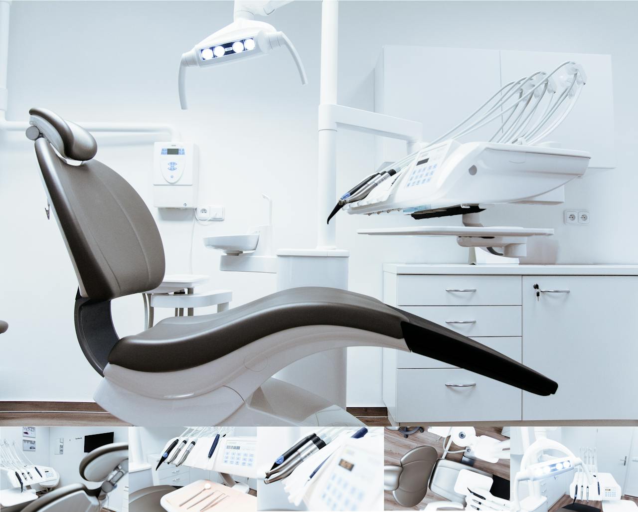 digital A modern dental clinic interior showcasing a dental chair and equipment in a clean, clinical setting.